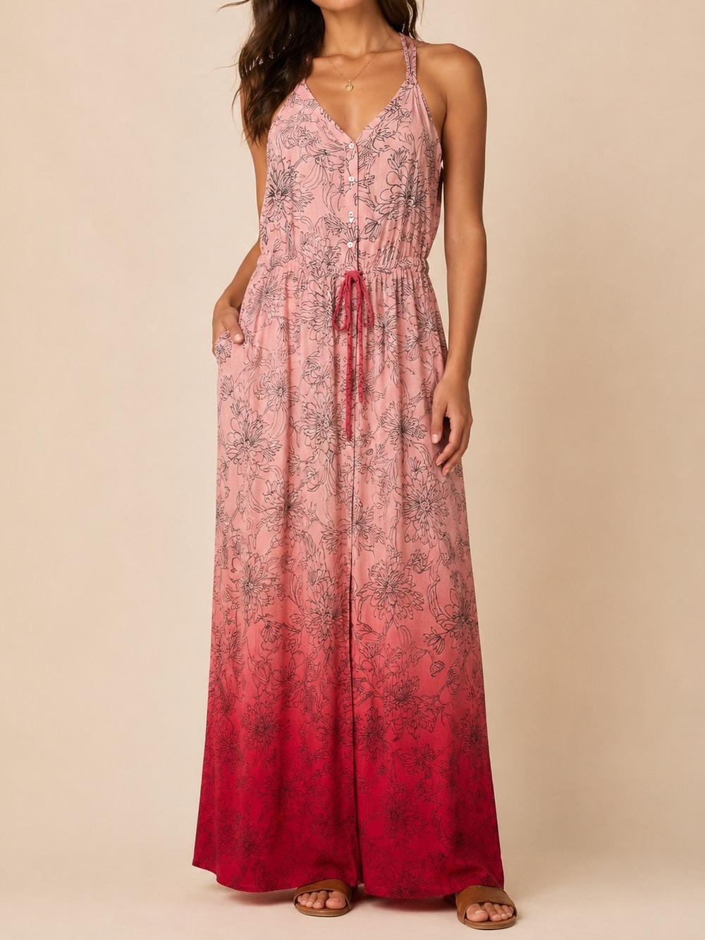 Gypsy 05 Pink Floral Maxi Dress‎ V-Neck Sleeveless Ombre Pockets Women's Size M